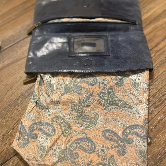 HOBO Soft Blue Leather Foldover Magnetic Clutch Purse Bronze Ring Boho Evening - Picture 7 of 12